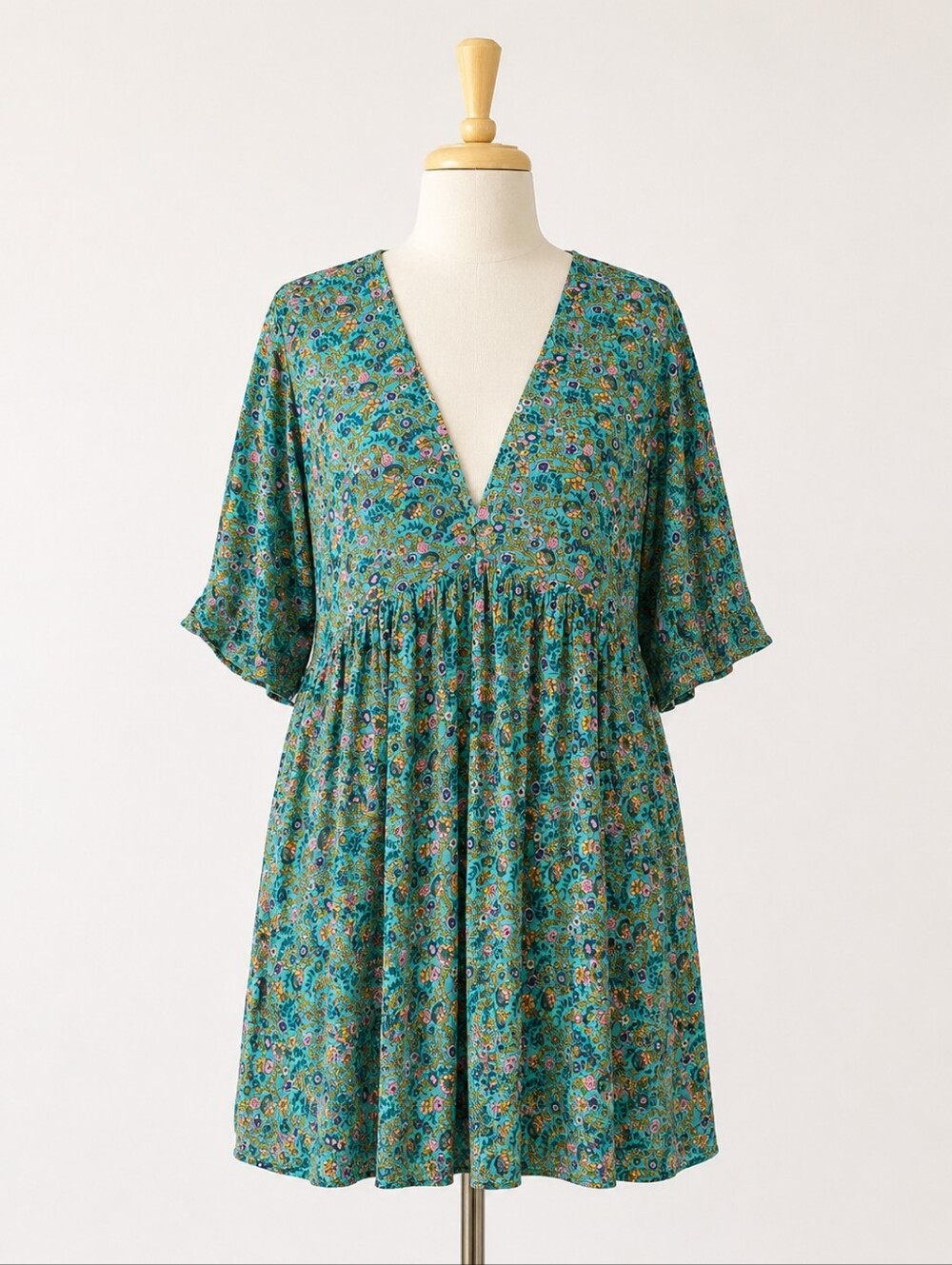 Natural Life Boho Size XL Dress Flowy Oversize V-neck Teal Floral Lightweight